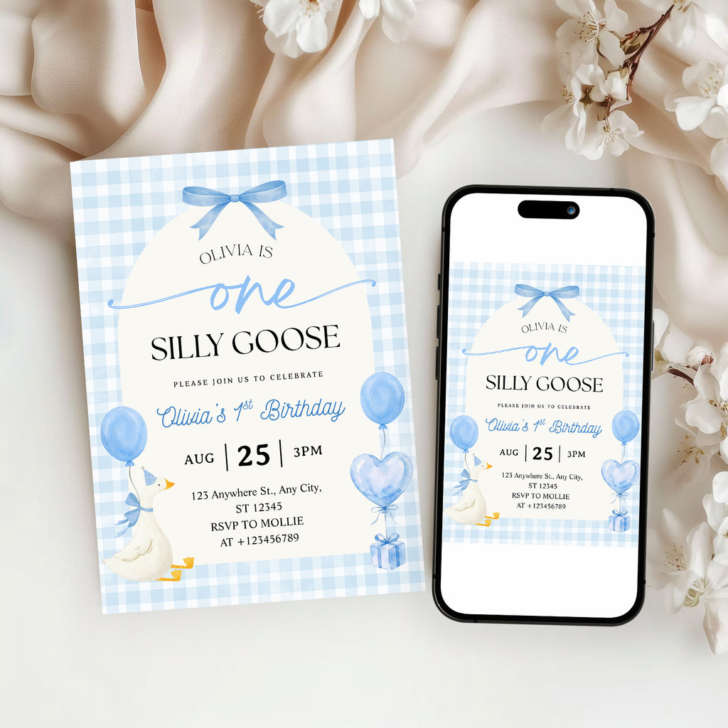 Editable One Silly Goose 1st Birthday Invitation | Blue Bow Gingham Canva Template – Instant Download