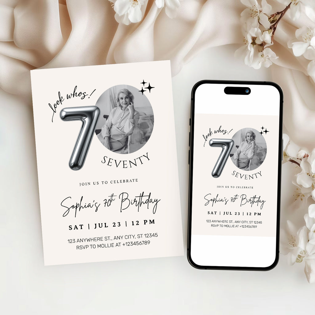 Editable 70th Birthday Photo Invitation Canva Template Silver Balloon Minimalist Party Invite Instant Download