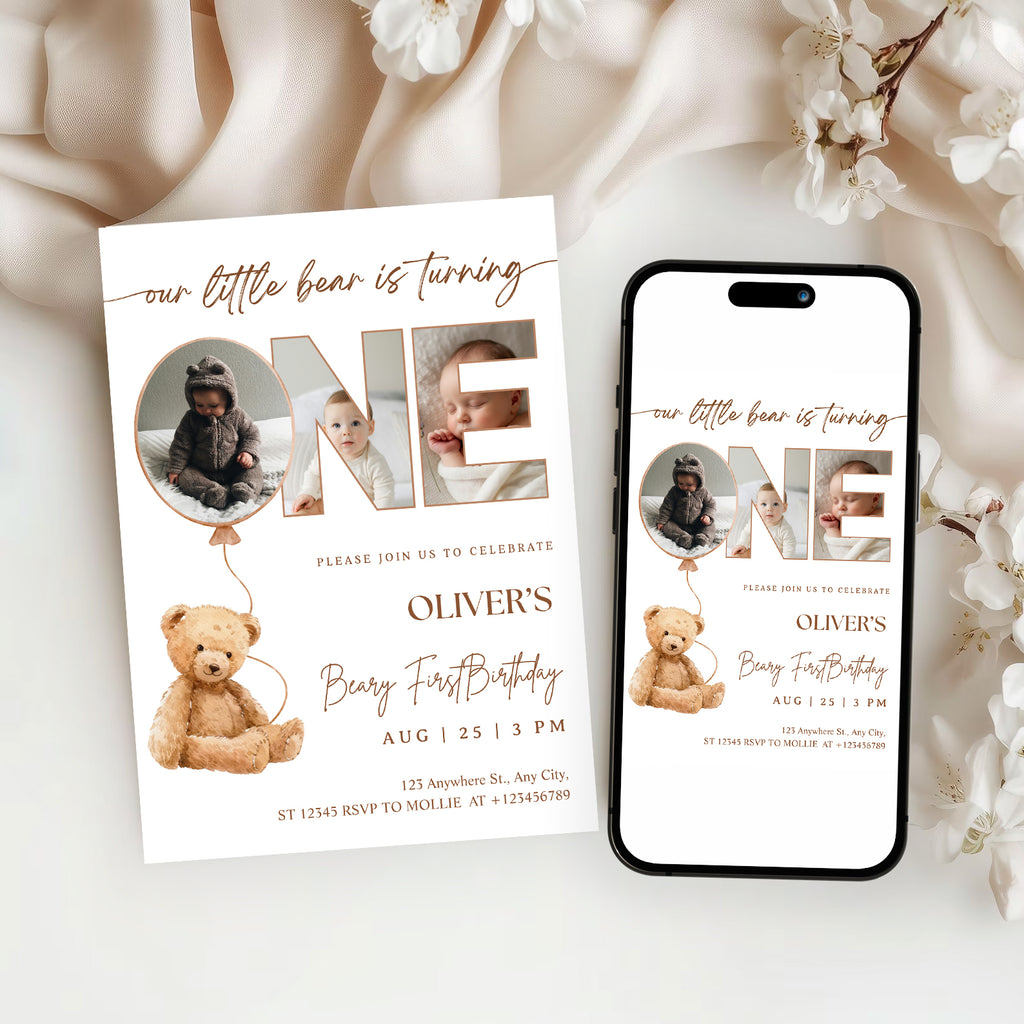 Editable Beary First Birthday Photo Invitation | Teddy Bear 1st Birthday Canva Template – Instant Download