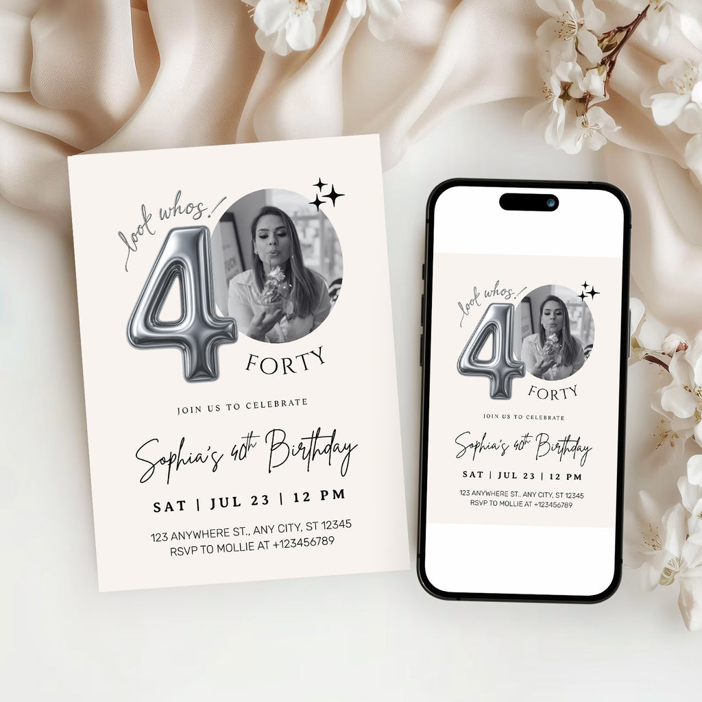 Editable 40th Birthday Photo Invitation Canva Template Silver Balloon Minimalist Party Invite Instant Download