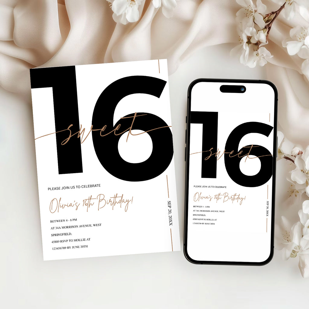 Modern White & Gold Sweet 16th Birthday Invitation – Editable Canva Template
