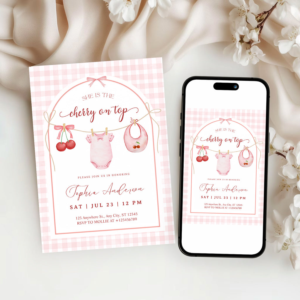 She's the Cherry on Top Baby Shower Invitation | Cherry Theme Baby Girl Shower Invite | Clothesline Baby Shower Invitation