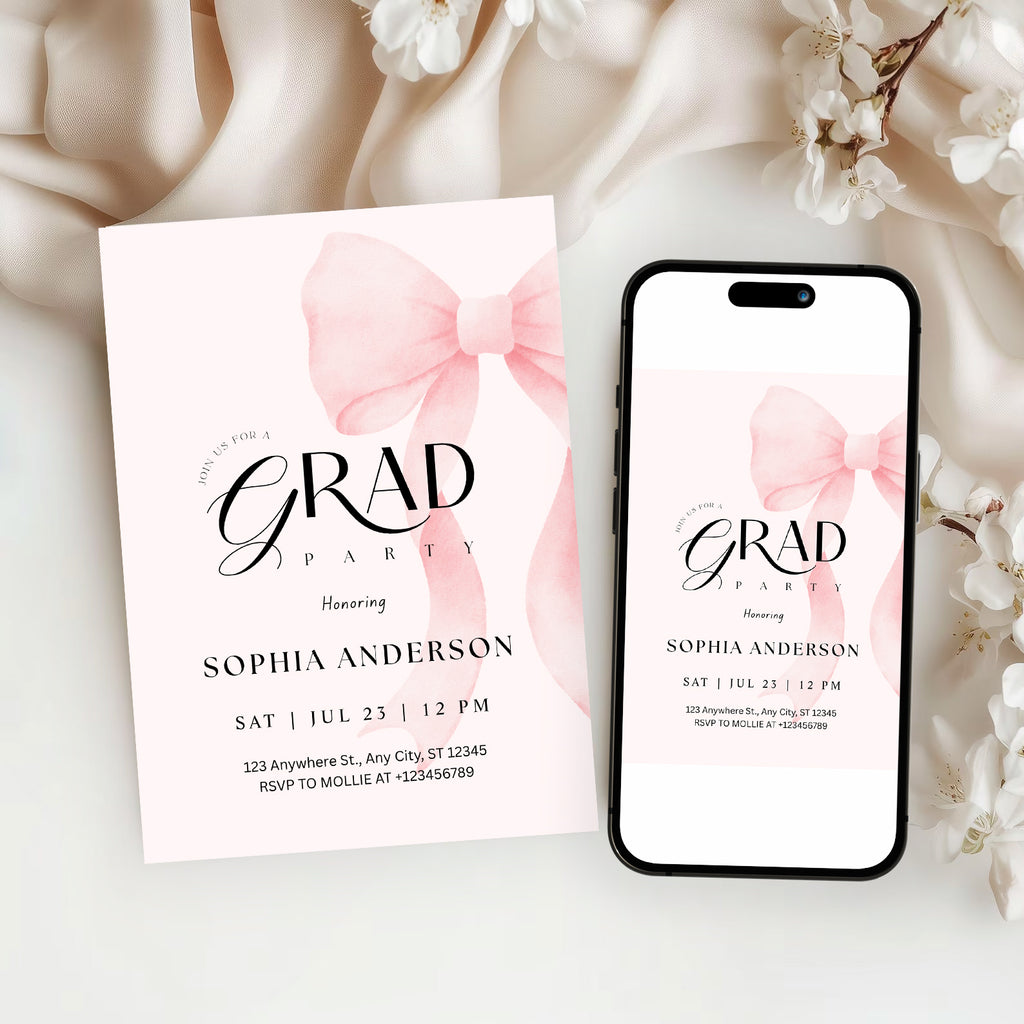 Elegant Blush Pink Bow Graduation Invitation with Photo | Editable Graduation Party Invite
