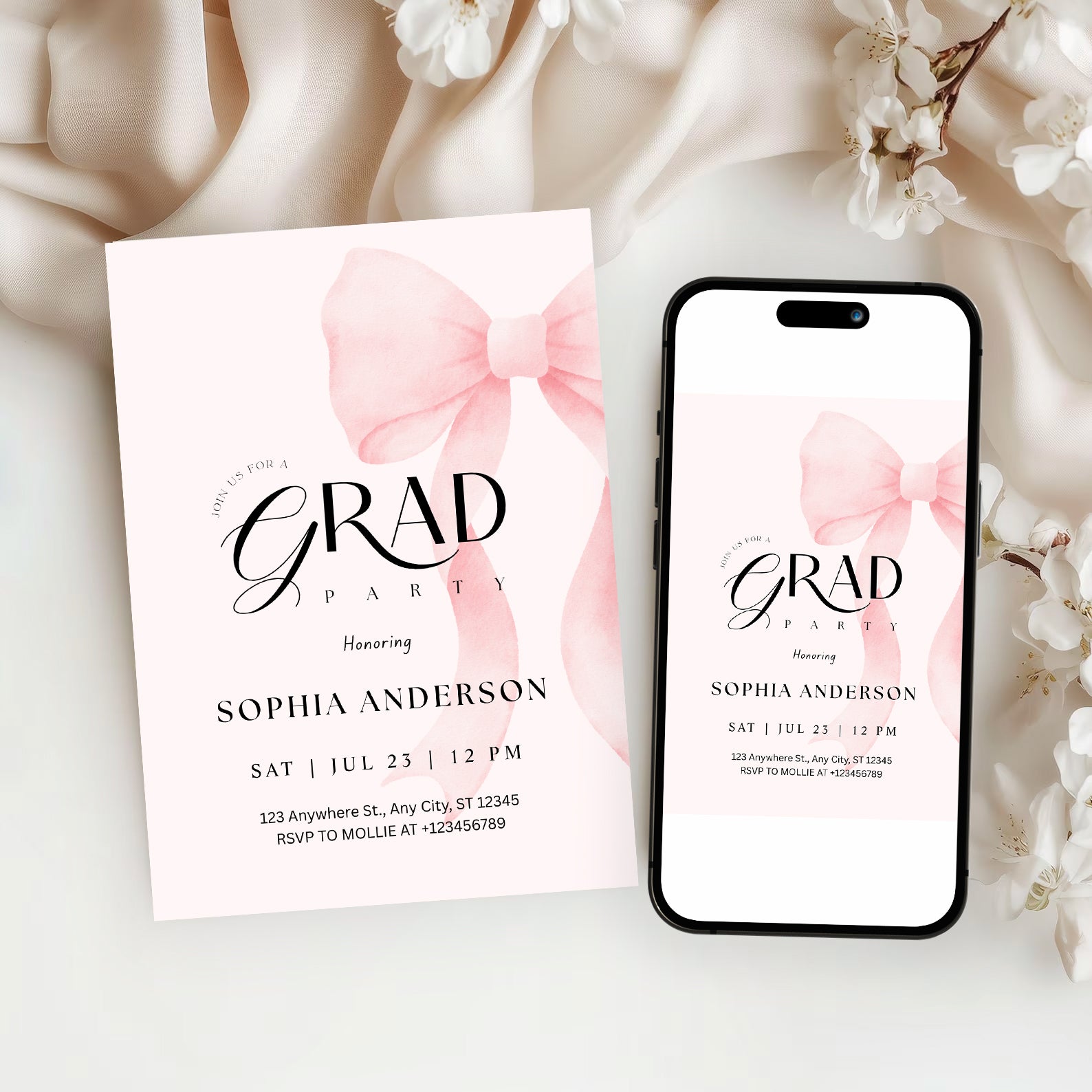 Elegant Blush Pink Bow Graduation Invitation with Photo | Editable Graduation Party Invite