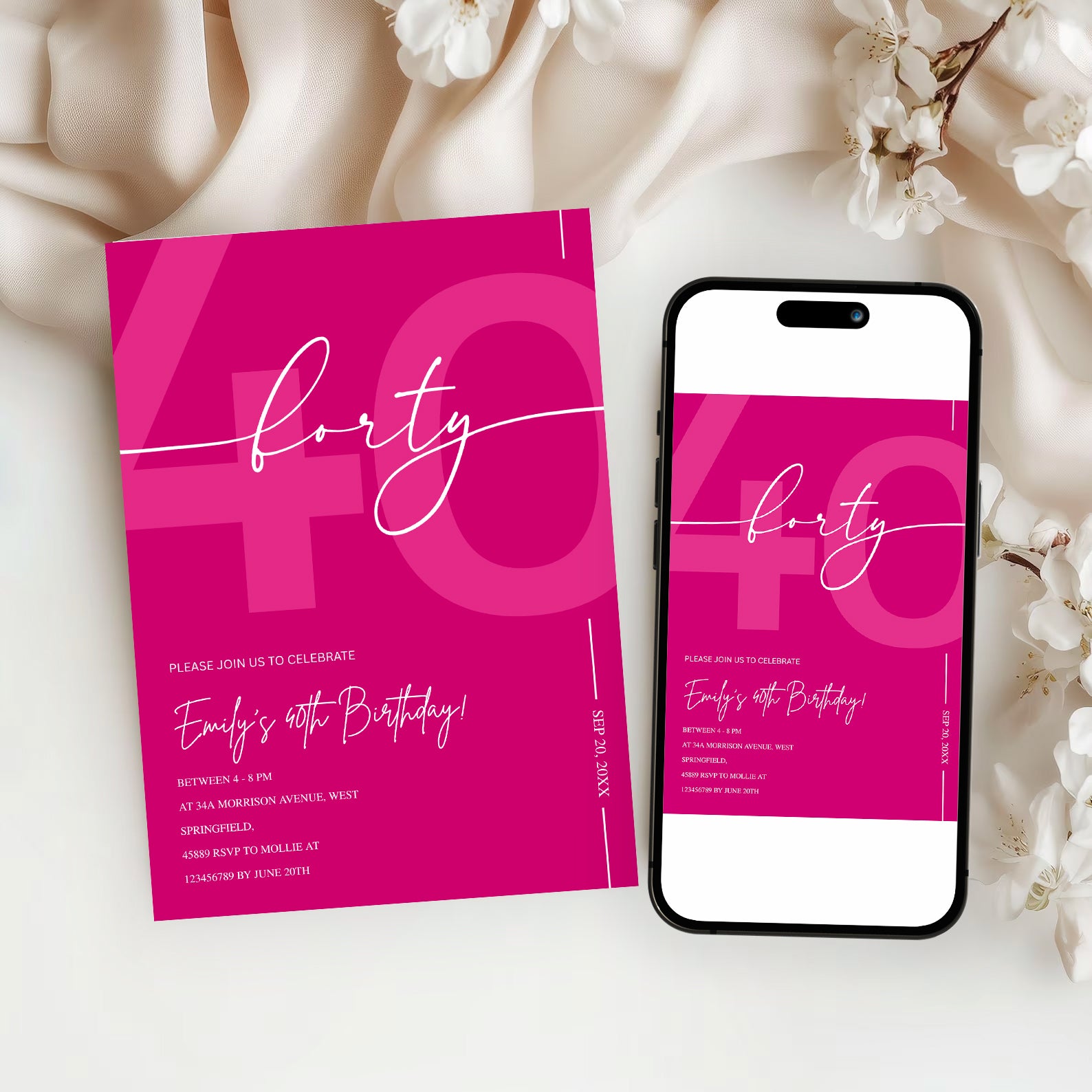Modern Pink 40th Birthday Invitation | Minimalist Editable Canva Template