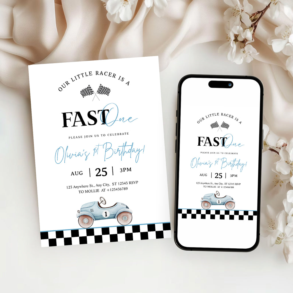 Editable “Fast ONE” Race Car 1st Birthday Invitation | Blue Vintage Car Canva Template – Instant Download