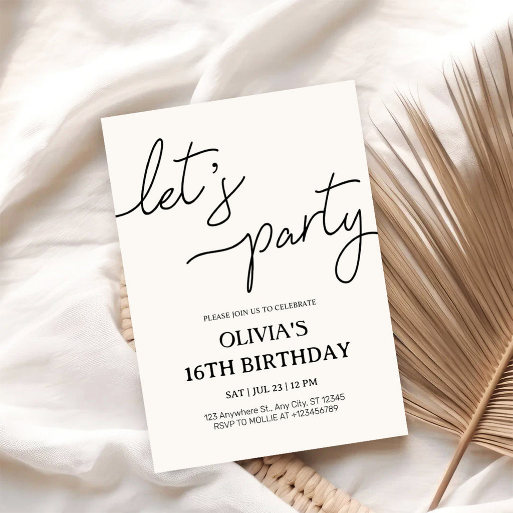 Modern Minimalist Lets Party Birthday Invitation – Editable Canva Template