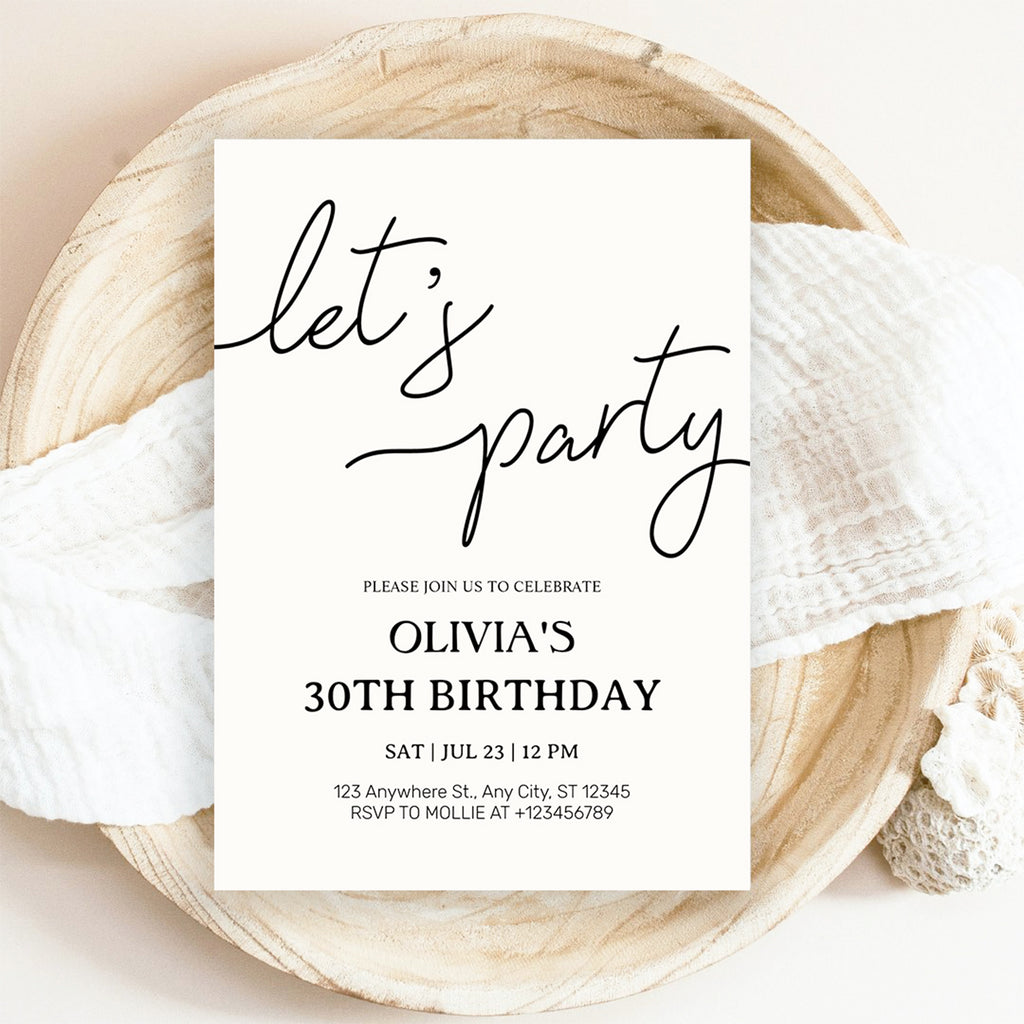 Modern Minimalist Lets Party Birthday Invitation – Editable Canva Template