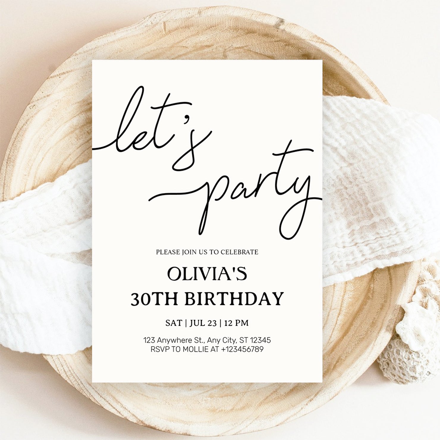 Modern Minimalist Lets Party Birthday Invitation – Editable Canva Template