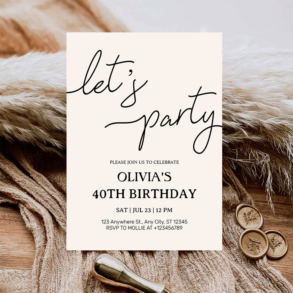 Modern Minimalist Lets Party Birthday Invitation – Editable Canva Template