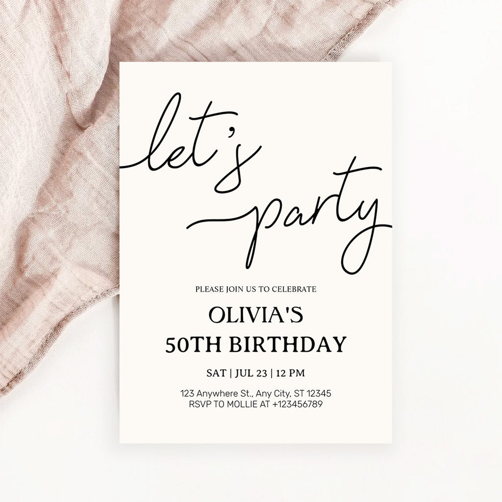 Modern Minimalist Lets Party Birthday Invitation – Editable Canva Template