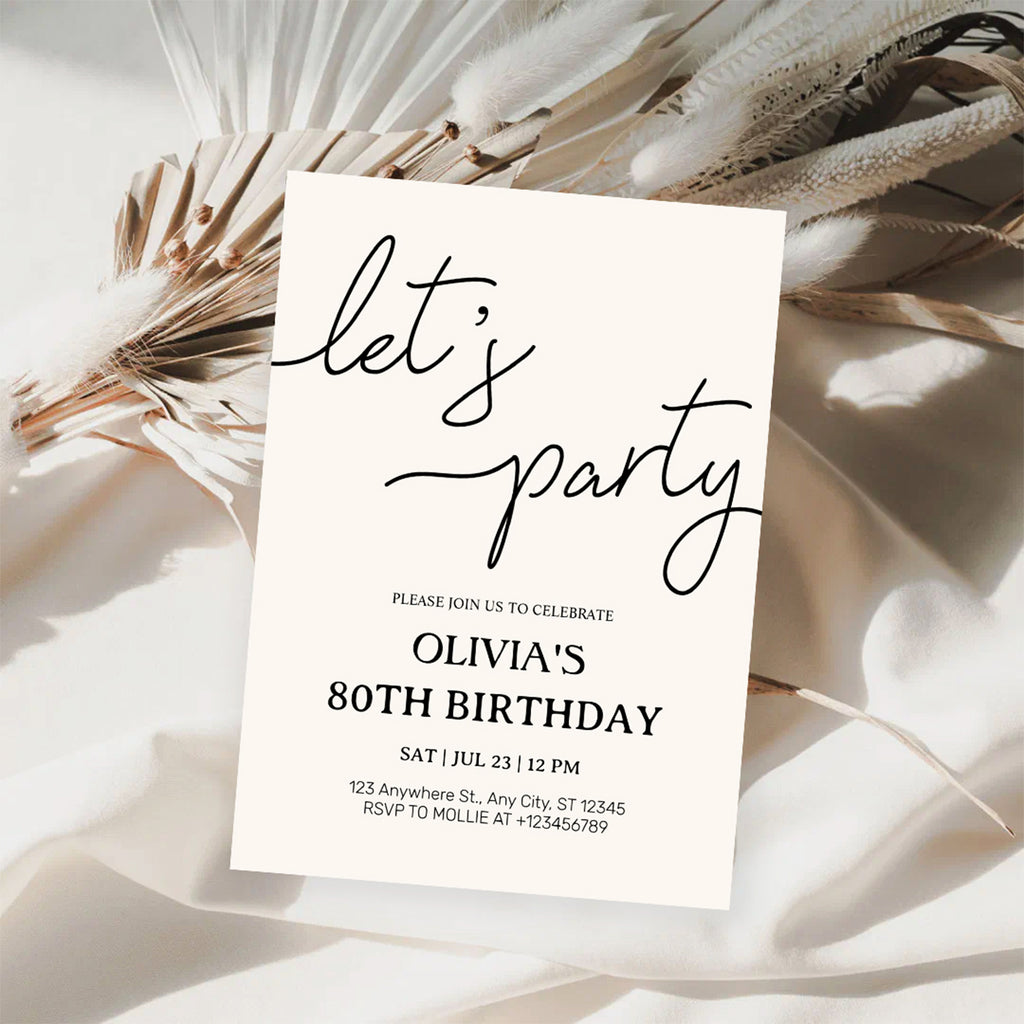 Modern Minimalist Lets Party Birthday Invitation – Editable Canva Template