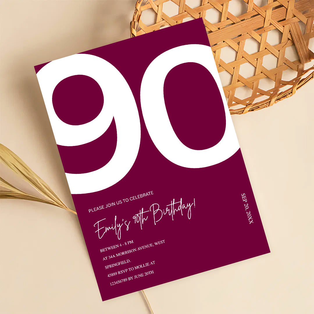 Elegant Burgundy 90th Birthday Invitation Template | Chic Ninety Milestone Party Invite | Editable & Instant Download