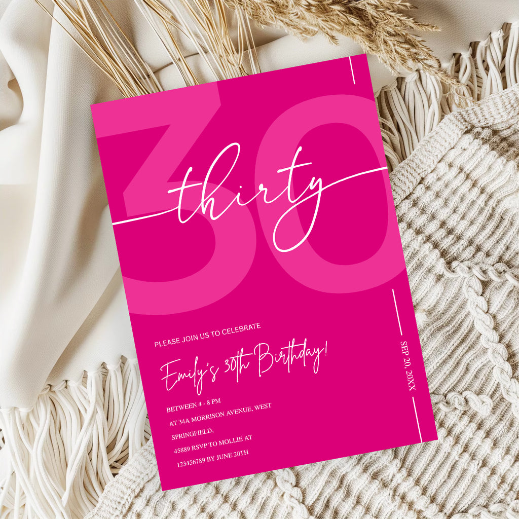 Modern Pink 30th Birthday Invitation | Minimalist Editable Canva Template