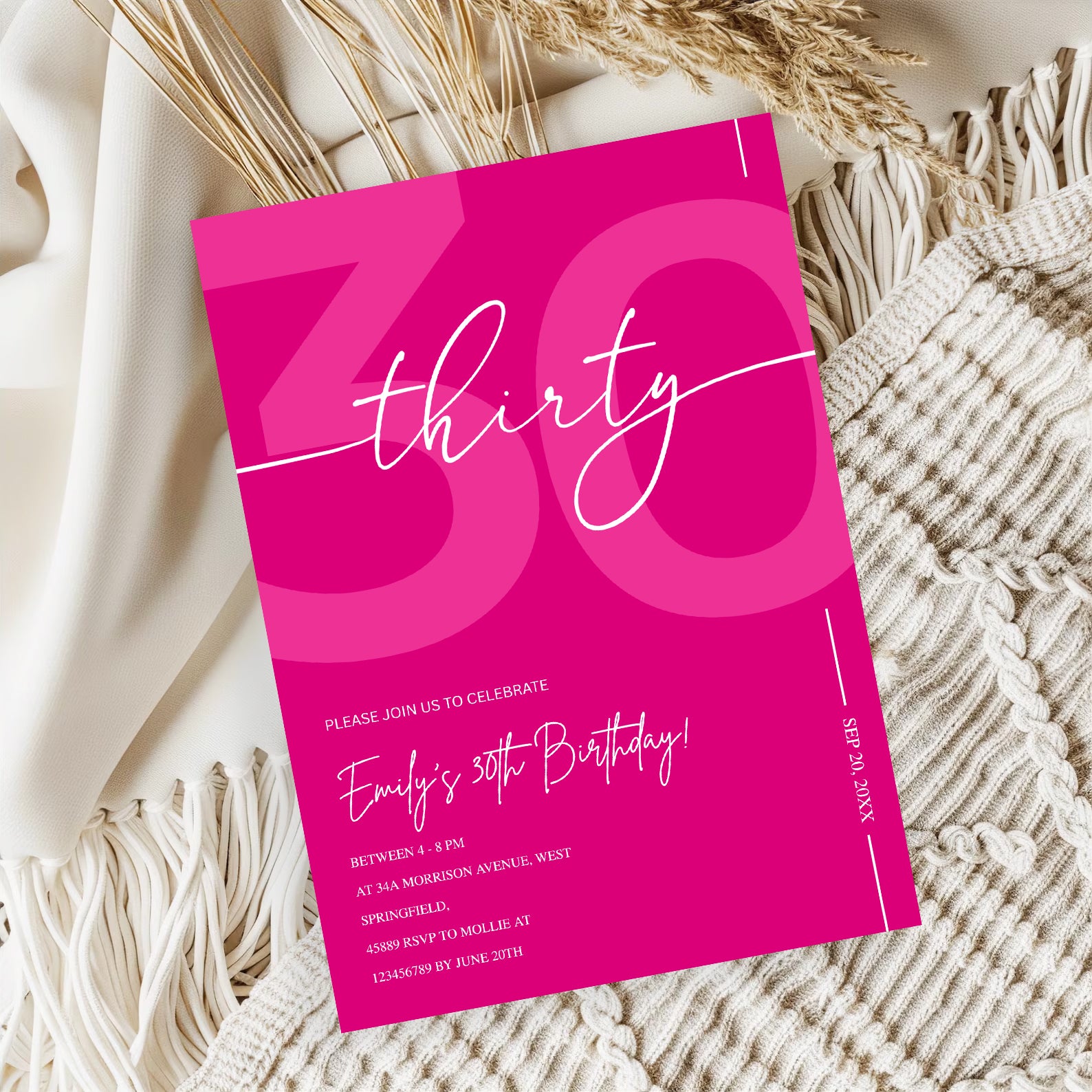 Modern Pink 30th Birthday Invitation | Minimalist Editable Canva Template