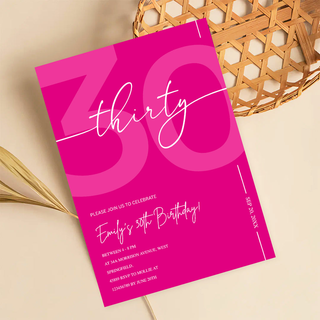 Modern Pink 30th Birthday Invitation | Minimalist Editable Canva Template