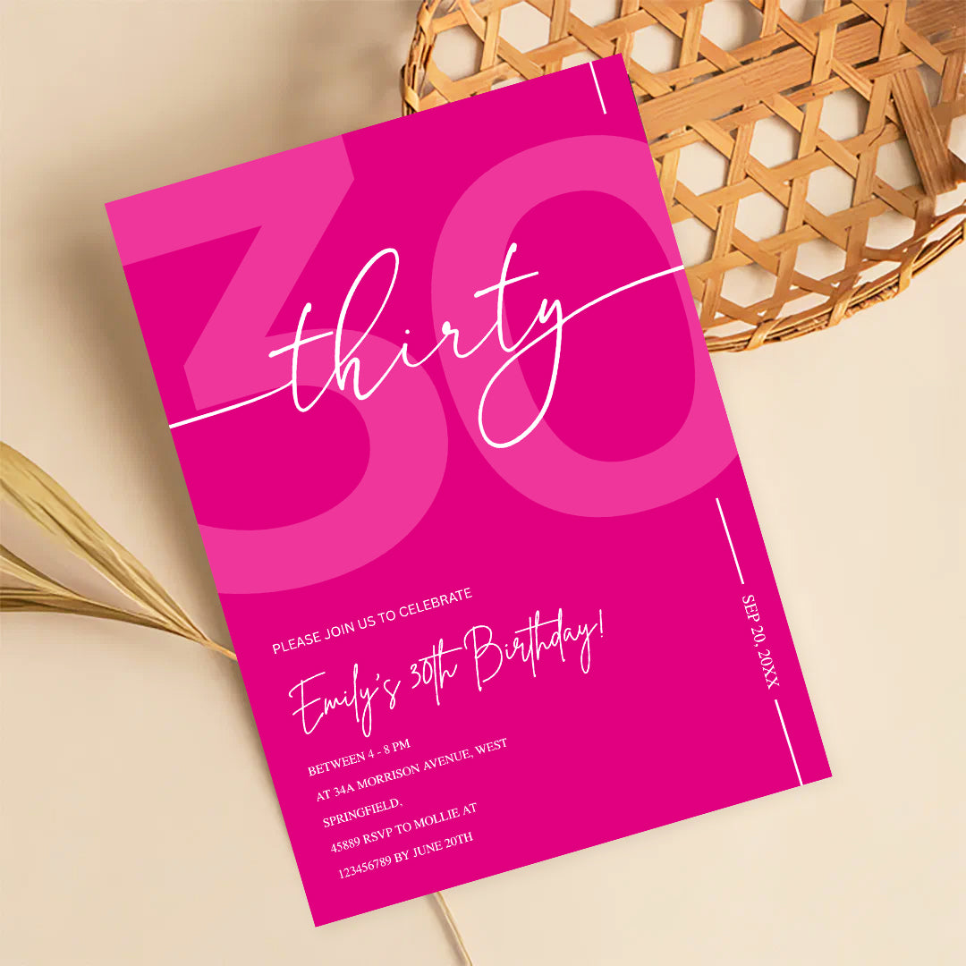 Modern Pink 30th Birthday Invitation | Minimalist Editable Canva Template