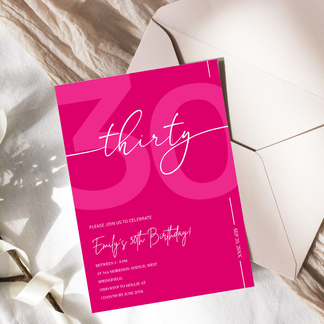 Modern Pink 30th Birthday Invitation | Minimalist Editable Canva Template