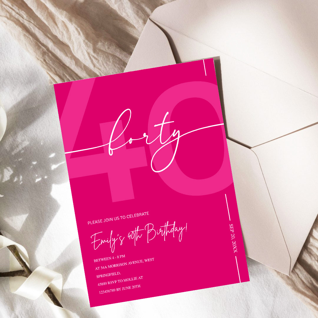 Modern Pink 40th Birthday Invitation | Minimalist Editable Canva Template