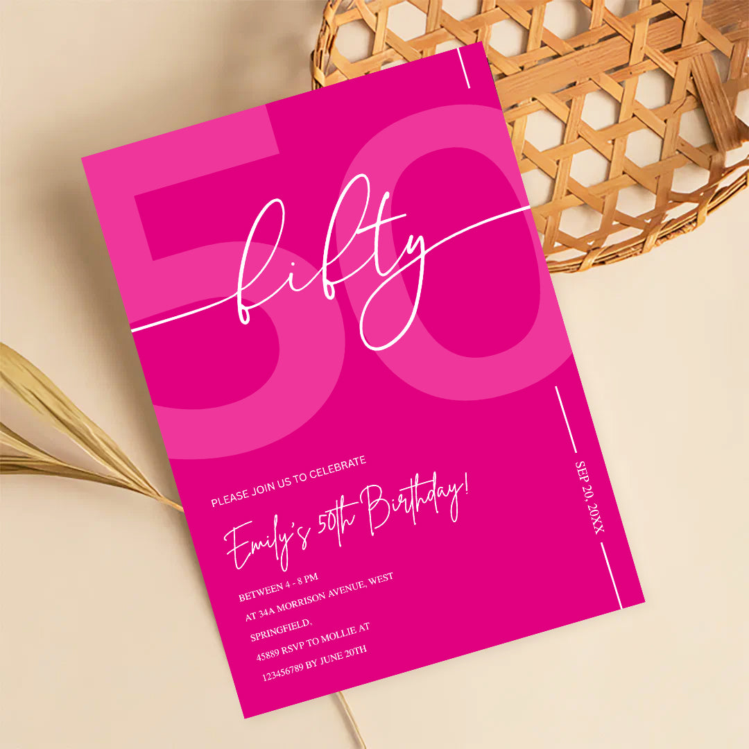 Modern Pink 50th Birthday Invitation | Minimalist Editable Canva Template