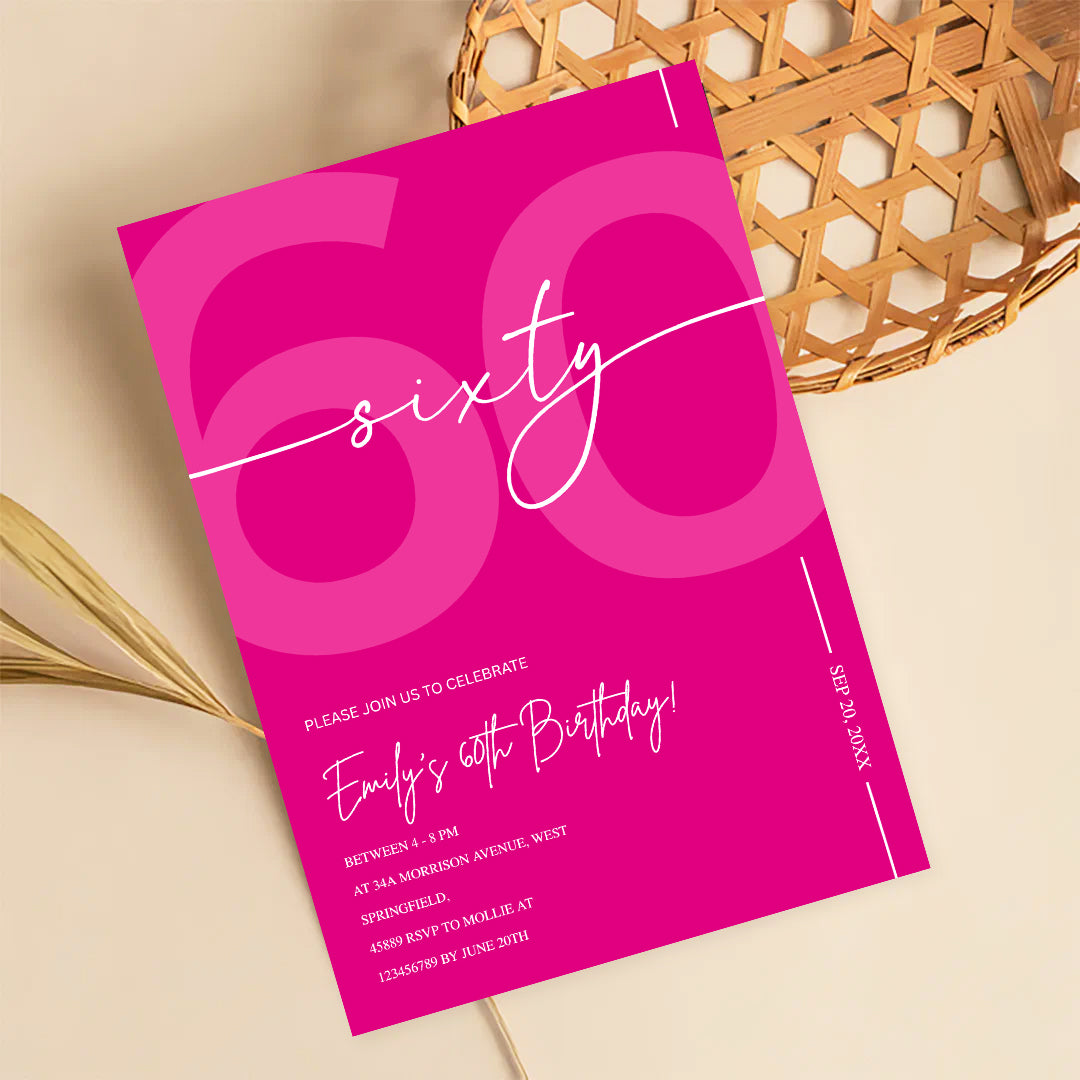 Modern Pink 60th Birthday Invitation | Minimalist Editable Canva Template