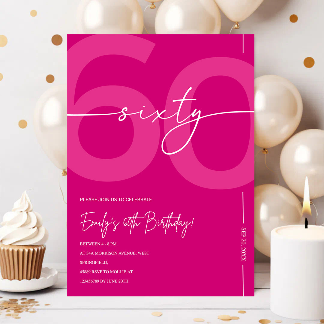Modern Pink 60th Birthday Invitation | Minimalist Editable Canva Template