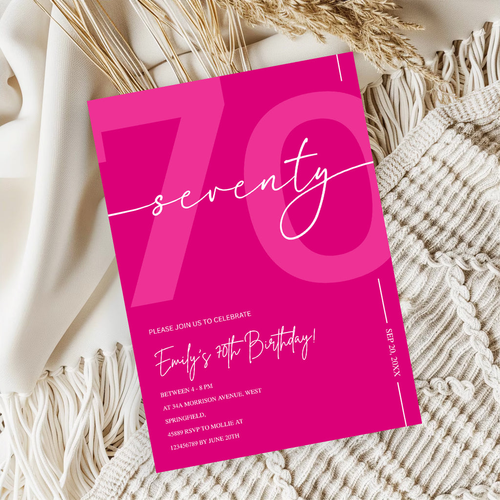 Modern Pink 70th Birthday Invitation | Minimalist Editable Canva Template