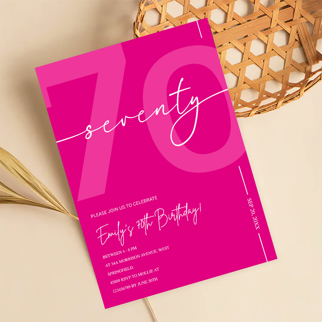 Modern Pink 70th Birthday Invitation | Minimalist Editable Canva Template