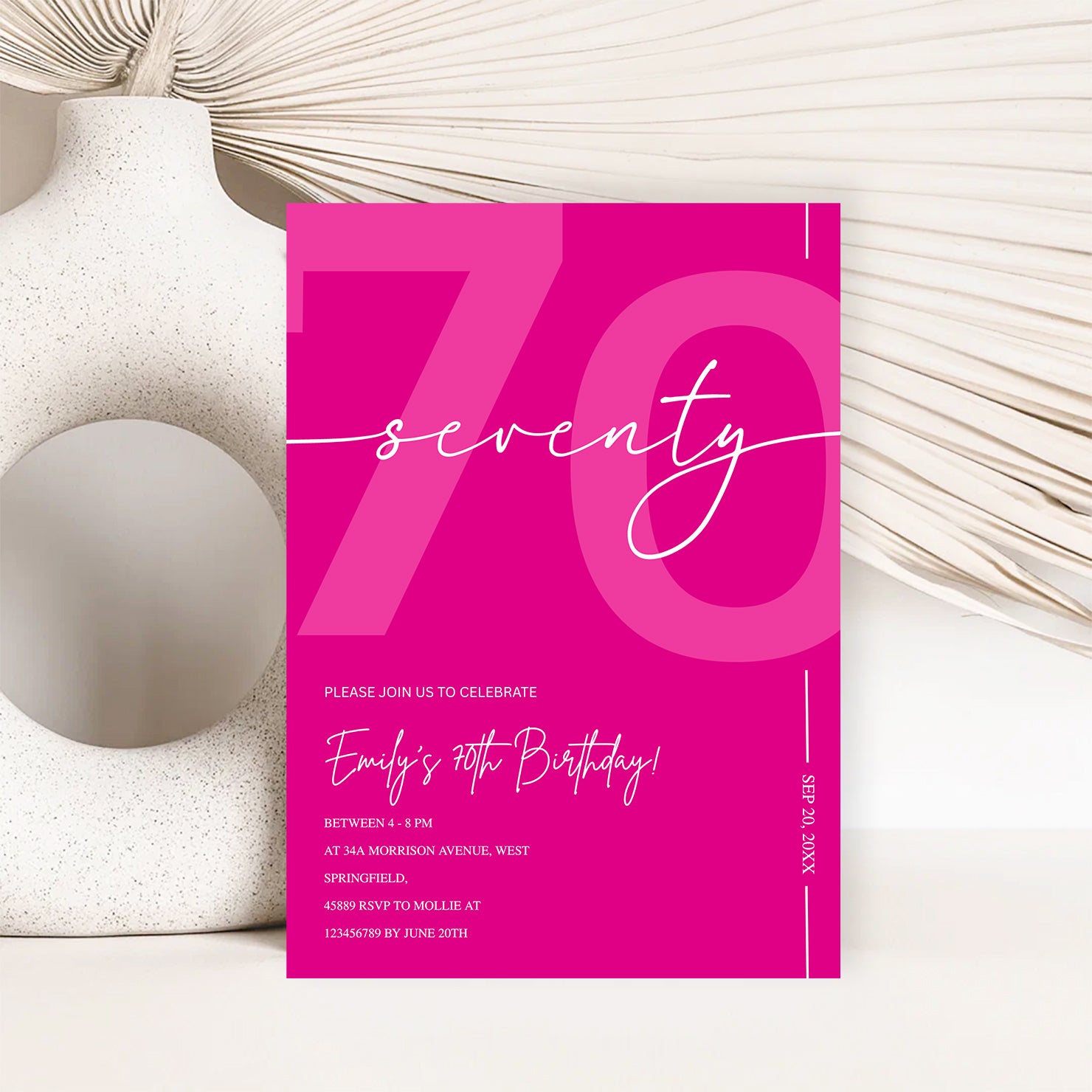 Modern Pink 70th Birthday Invitation | Minimalist Editable Canva Template