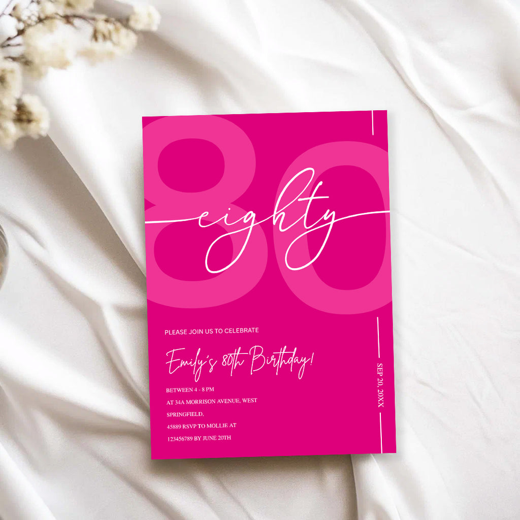 Modern Pink 80th Birthday Invitation | Minimalist Editable Canva Template
