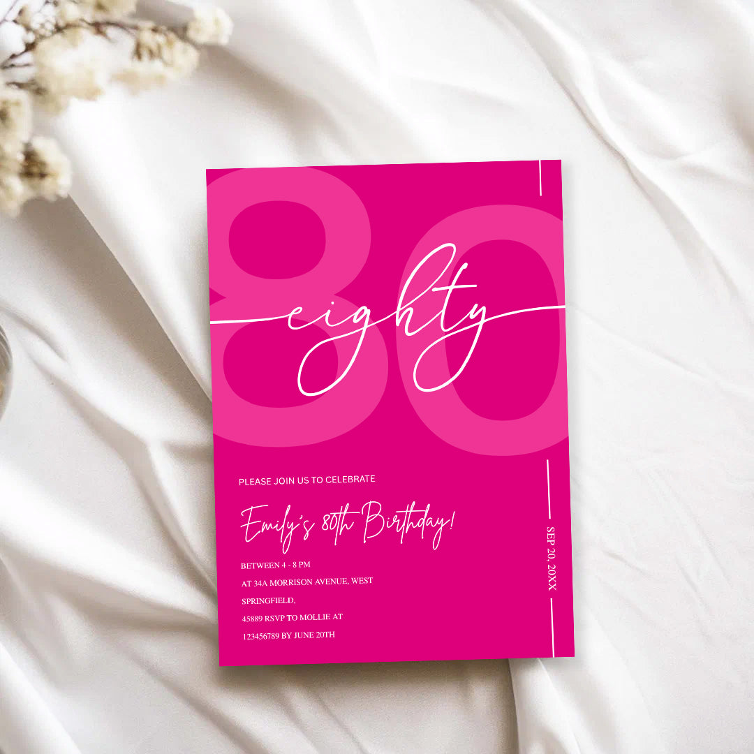 Modern Pink 80th Birthday Invitation | Minimalist Editable Canva Template
