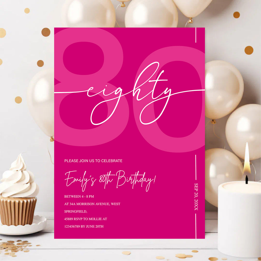 Modern Pink 80th Birthday Invitation | Minimalist Editable Canva Template