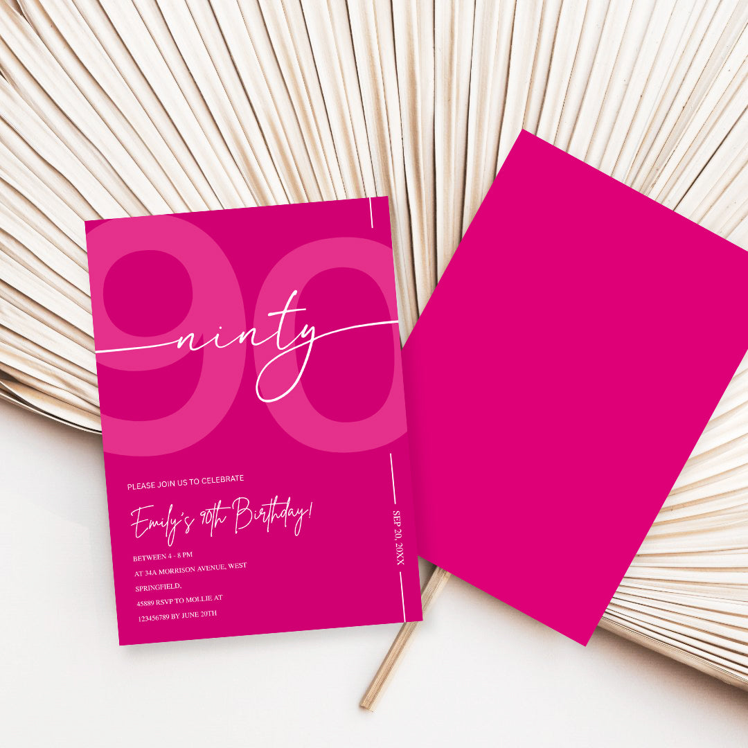 Modern Pink 90th Birthday Invitation | Minimalist Editable Canva Template