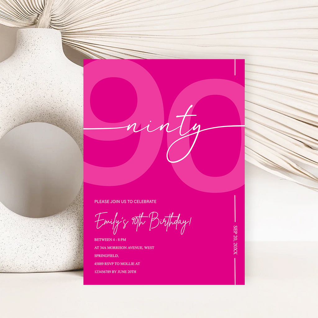 Modern Pink 90th Birthday Invitation | Minimalist Editable Canva Template