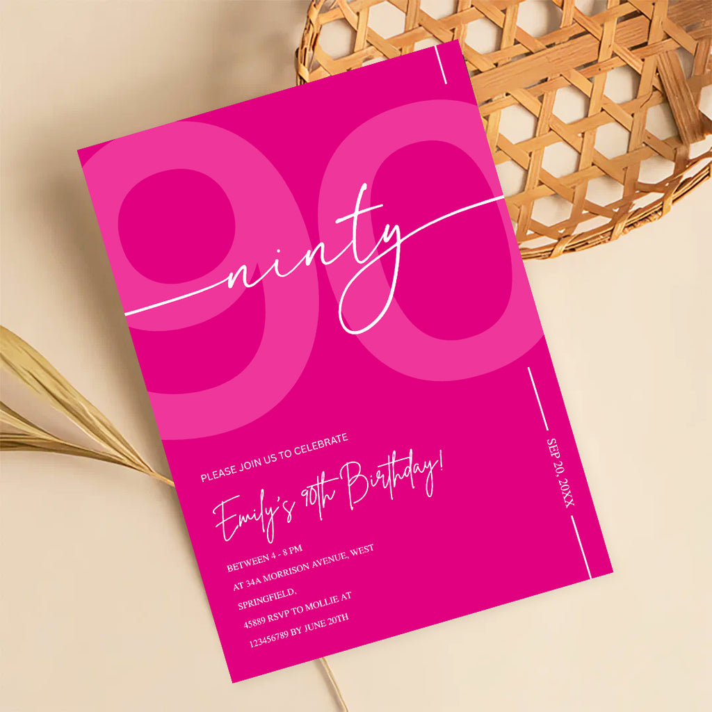 Modern Pink 90th Birthday Invitation | Minimalist Editable Canva Template