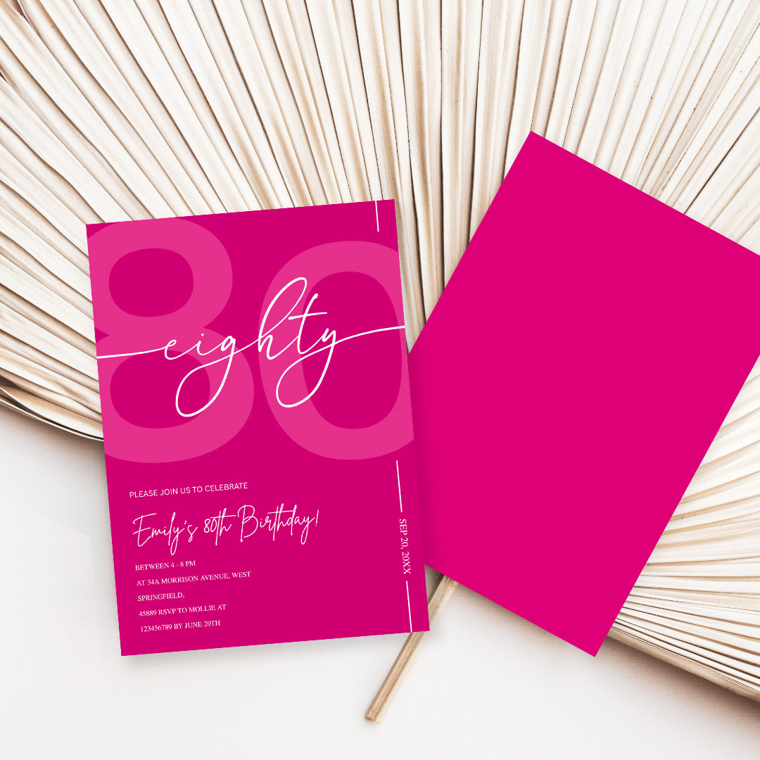 Modern Pink 80th Birthday Invitation | Minimalist Editable Canva Template