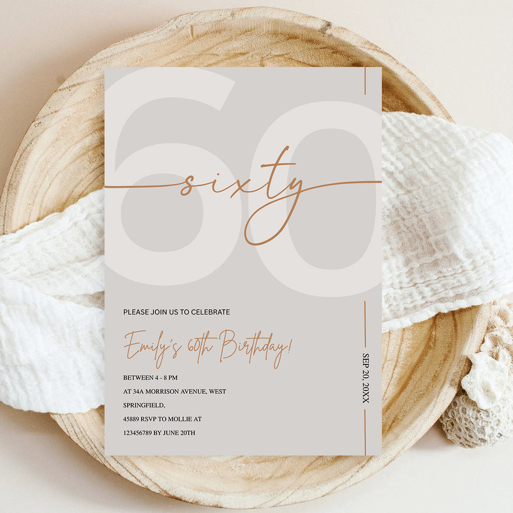 Modern Beige & Gold 60th Birthday Invitation – Editable Canva Template