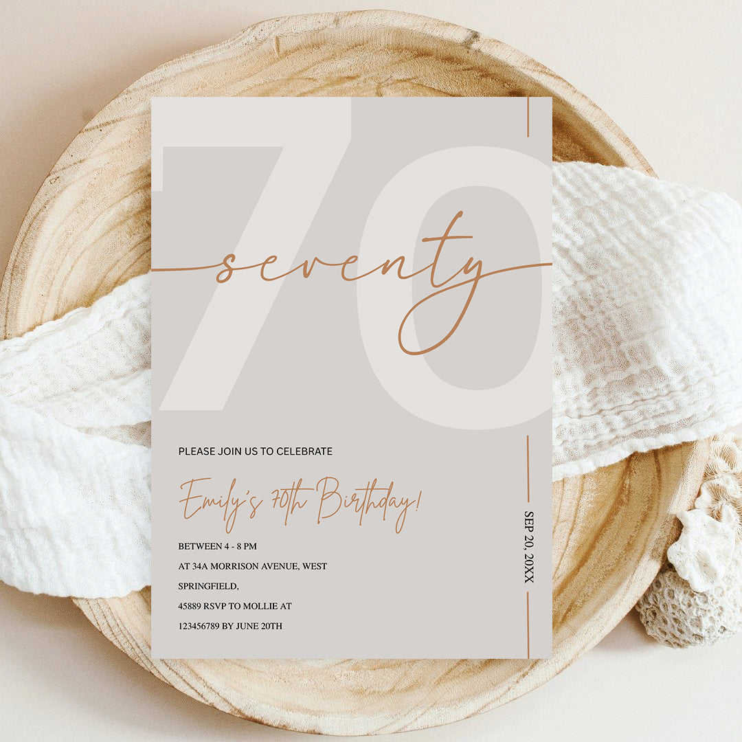 Modern Beige & Gold 70th Birthday Invitation – Editable Canva Template