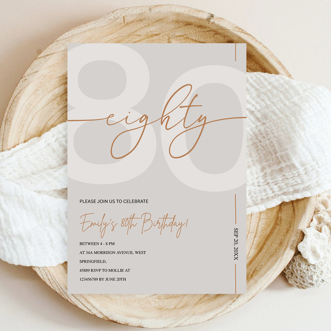 Modern Beige & Gold 80th Birthday Invitation – Editable Canva Template