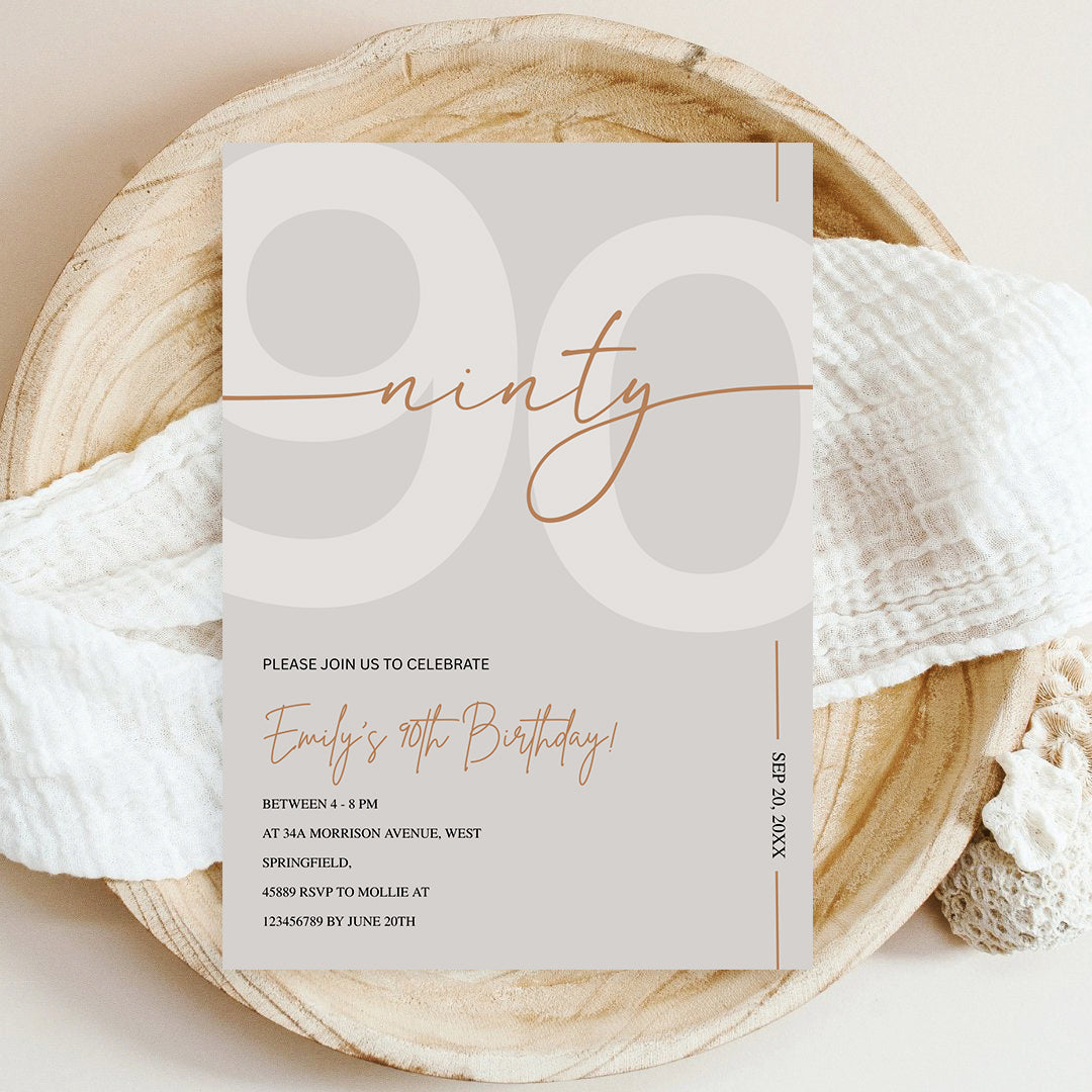 Modern Beige & Gold 90th Birthday Invitation – Editable Canva Template