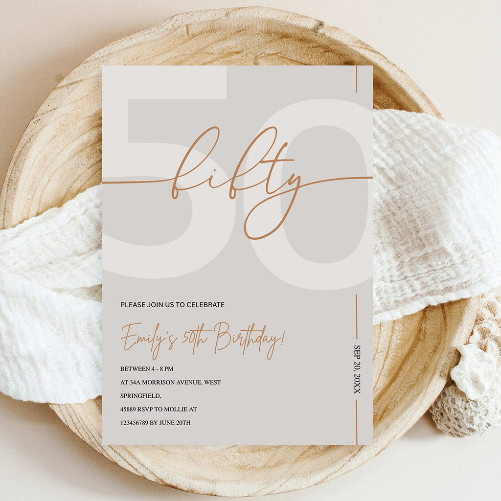Modern Beige & Gold 50th Birthday Invitation – Editable Canva Template