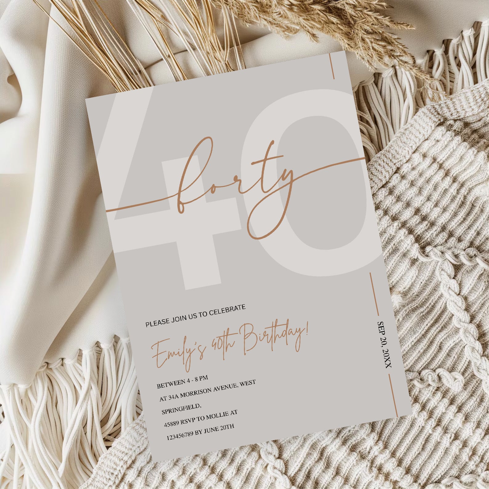 Modern Beige & Gold 40th Birthday Invitation – Editable Canva Template