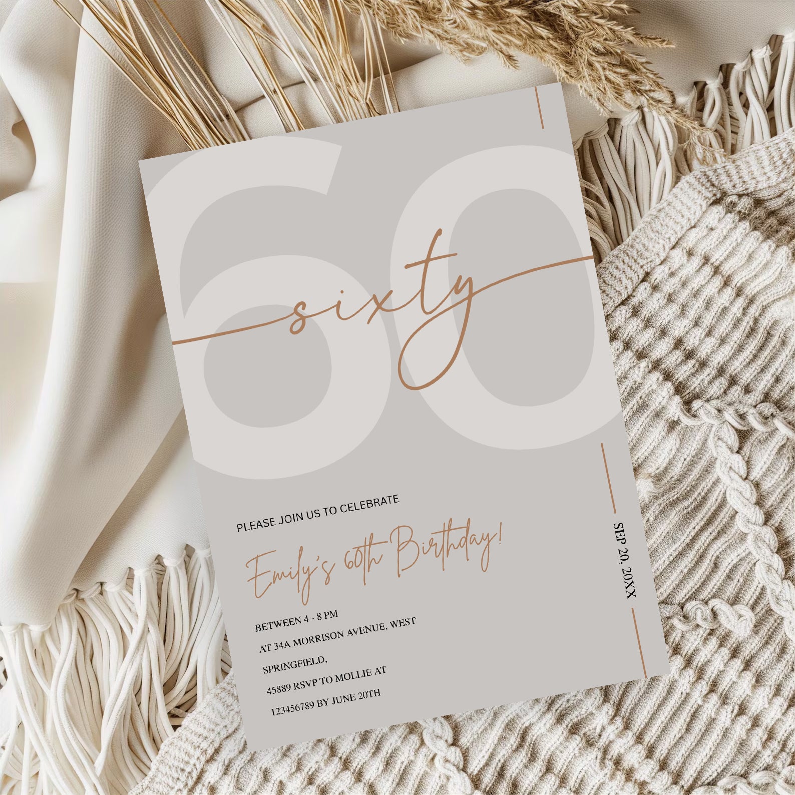 Modern Beige & Gold 60th Birthday Invitation – Editable Canva Template