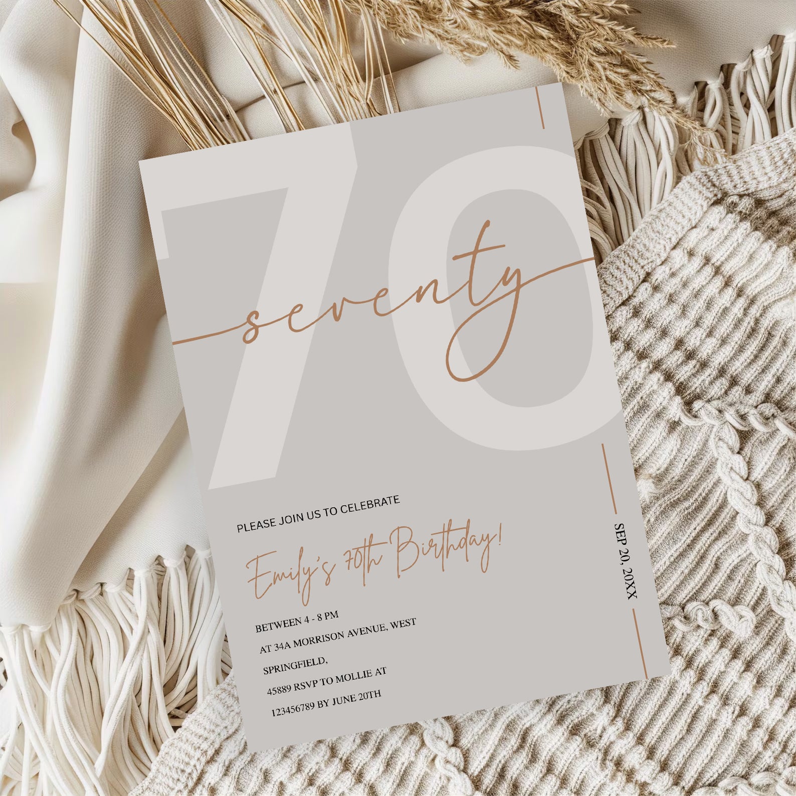 Modern Beige & Gold 70th Birthday Invitation – Editable Canva Template