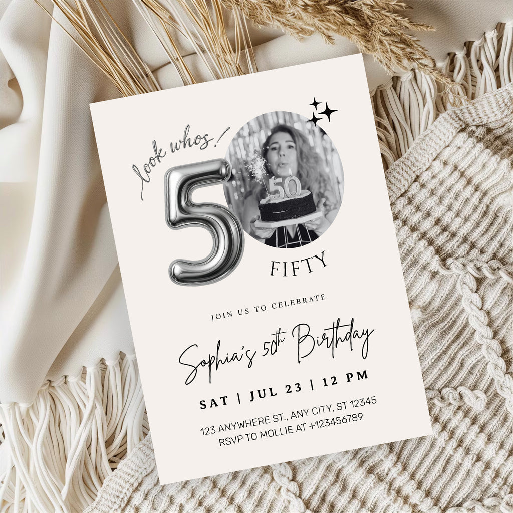 Editable 50th Birthday Photo Invitation Canva Template Silver Balloon Minimalist Party Invite Instant Download