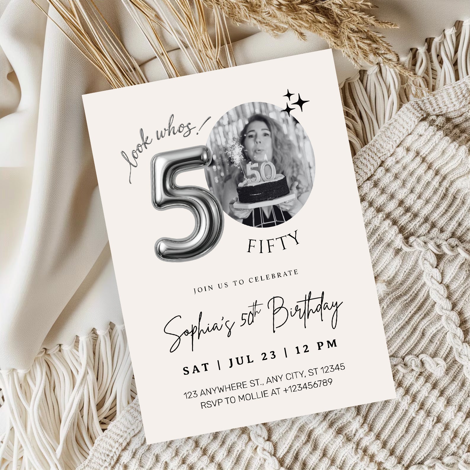 Editable 50th Birthday Photo Invitation Canva Template Silver Balloon Minimalist Party Invite Instant Download