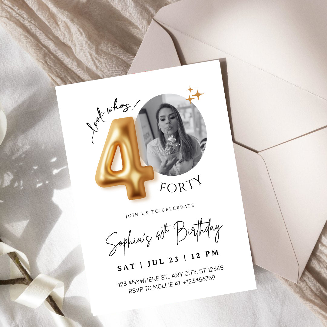 Modern Minimalist 40th Birthday Gold Balloon Photo Invitation Template | Elegant Milestone Party Invite | Editable & Instant Download