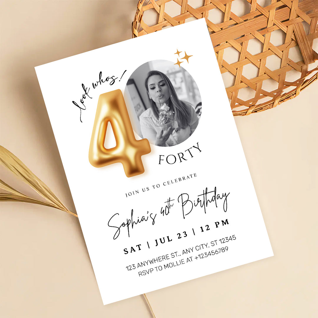 Modern Minimalist 40th Birthday Gold Balloon Photo Invitation Template | Elegant Milestone Party Invite | Editable & Instant Download