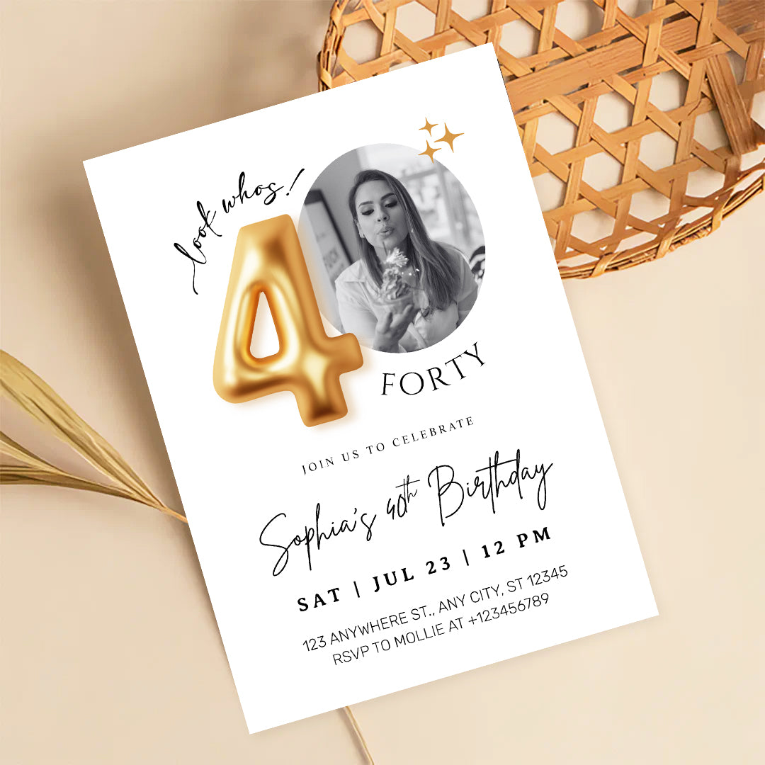 Modern Minimalist 40th Birthday Gold Balloon Photo Invitation Template | Elegant Milestone Party Invite | Editable & Instant Download