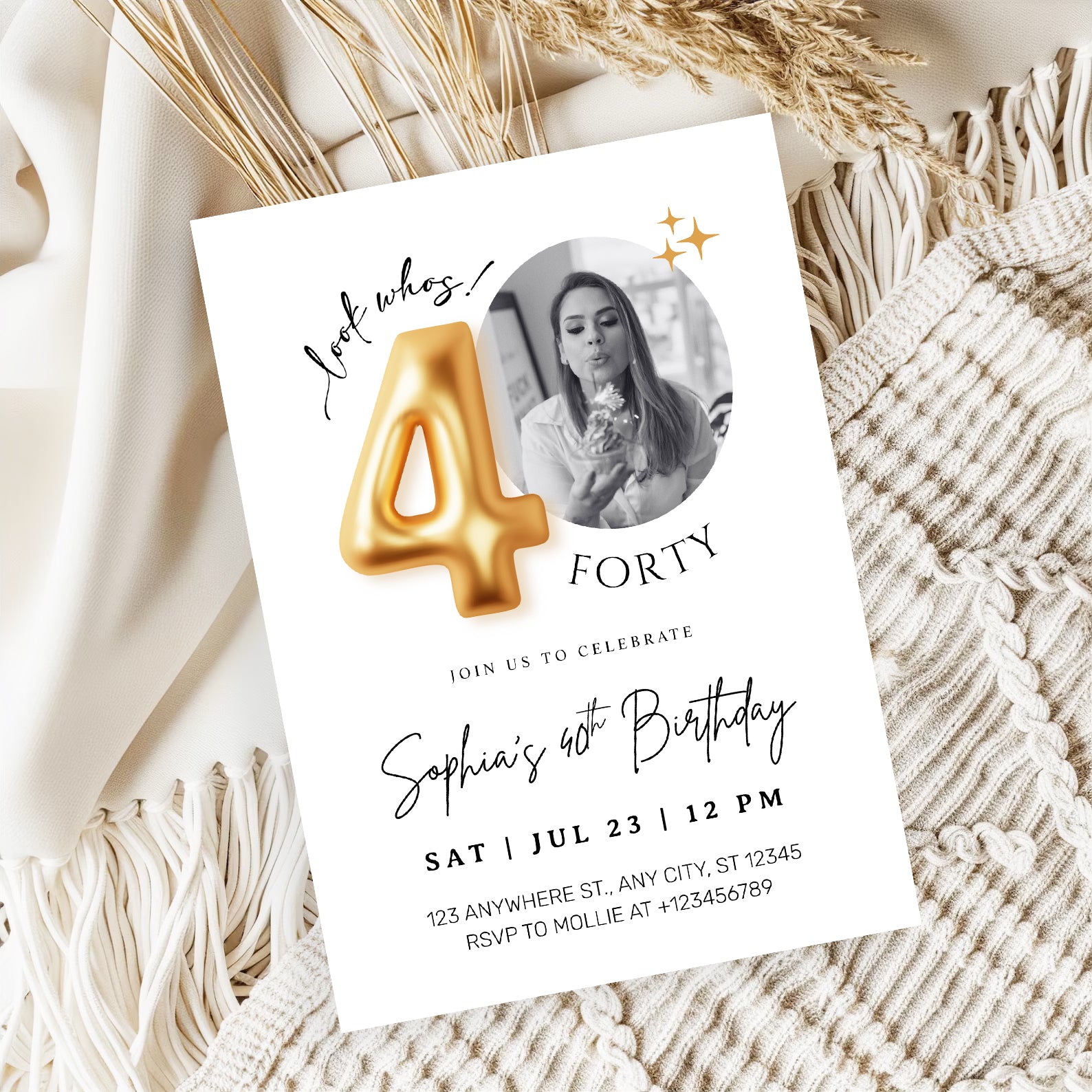 Modern Minimalist 40th Birthday Gold Balloon Photo Invitation Template | Elegant Milestone Party Invite | Editable & Instant Download